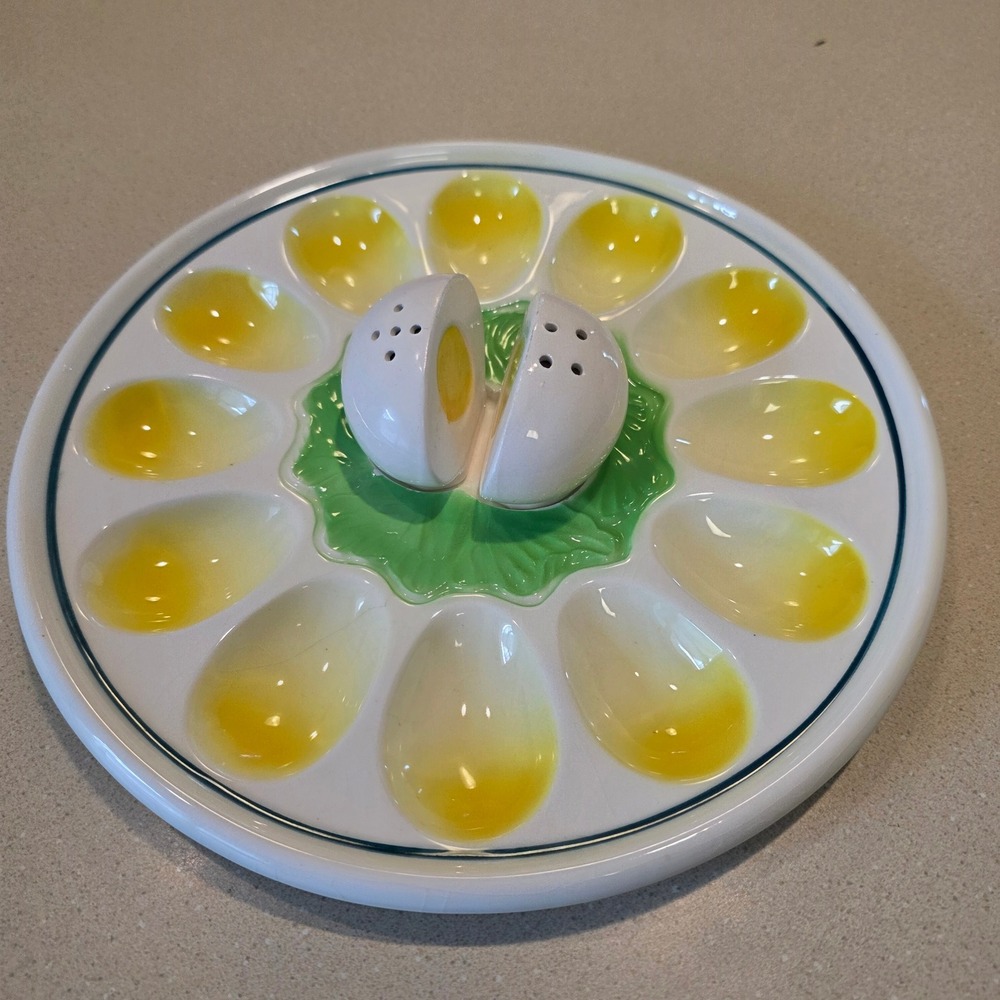 Vintage Ceramic Deviled Egg Plate 10" White Yellow With Salt Pepper Shakers